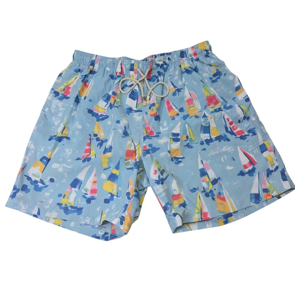 J McLaughlin Swim‎ Trunks Shorts Men's Blue Sailboats Pockets Drawstring Size M